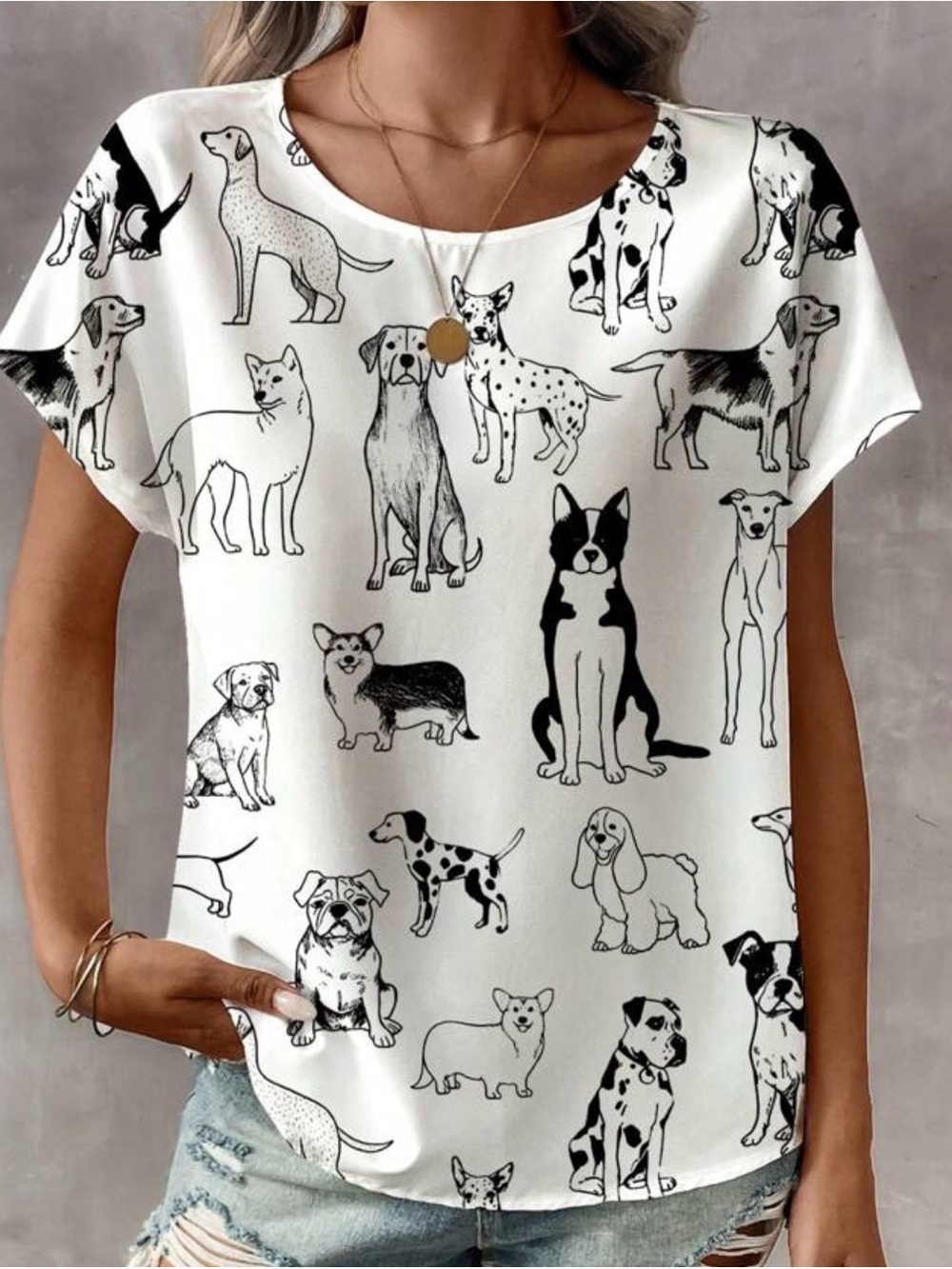 Emery Rose Short Sleeve Dog Blouse White Black Oversized Size Large PTP 23”